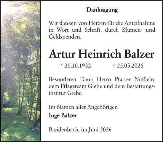 Traueranzeige von Artur Heinrich Balzer von Hinterländer Anzeiger
