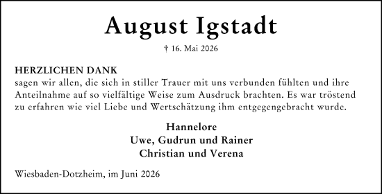 Traueranzeige von August Igstadt von Wiesbadener Kurier