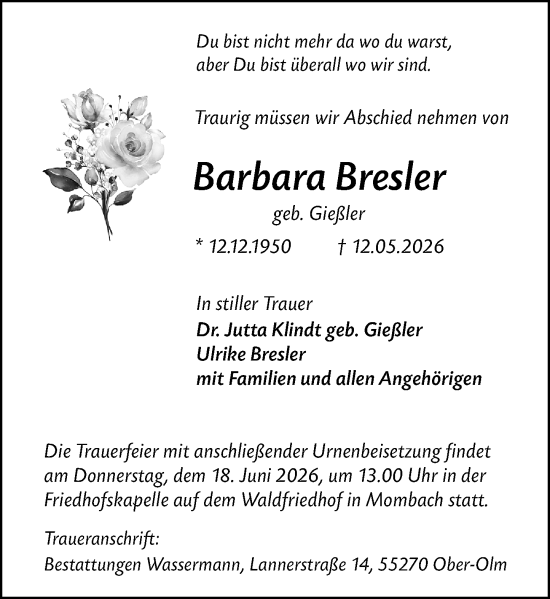 Traueranzeige von Barbara Bresler von Allgemeine Zeitung Mainz