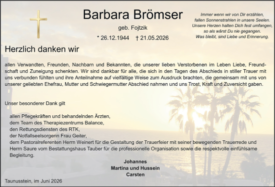 Traueranzeige von Barbara Brömser von Wiesbadener Kurier