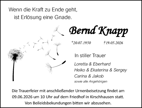 Traueranzeige von Bernd Knapp von Starkenburger Echo