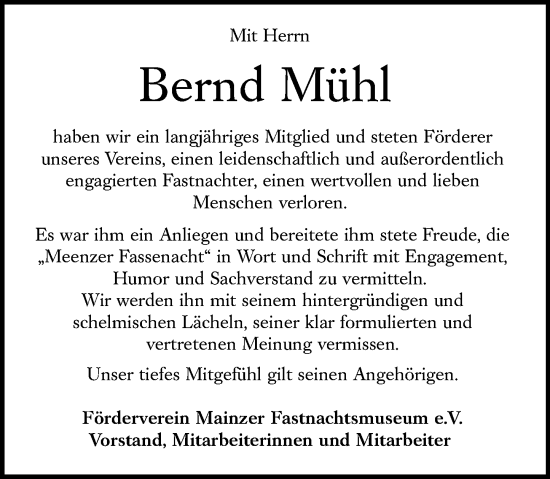Traueranzeige von Bernd Mühl von Allgemeine Zeitung Mainz