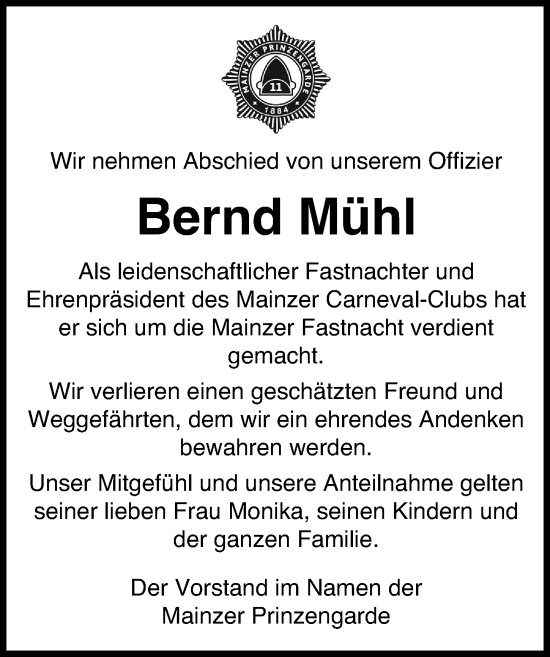 Traueranzeige von Bernd Mühl von Allgemeine Zeitung Mainz