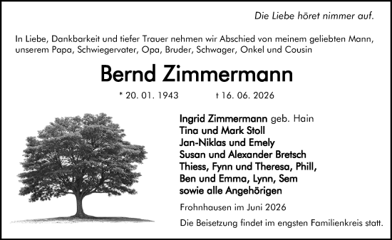 Traueranzeige von Bernd Zimmermann von Dill Block