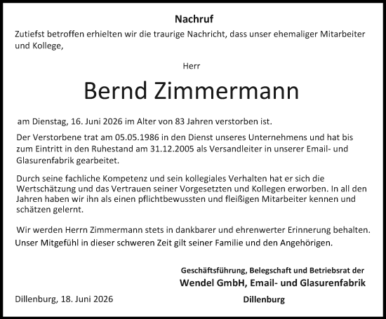 Traueranzeige von Bernd Zimmermann von Dill Block