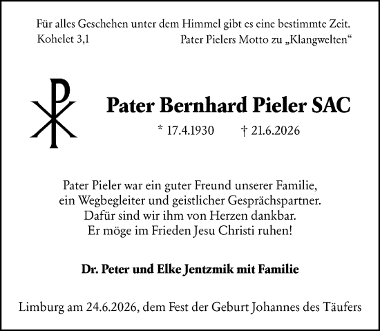Traueranzeige von Bernhard Pieler von Nassauische Neue Presse