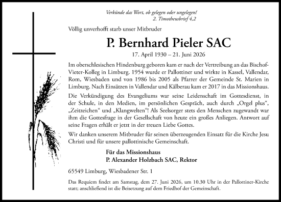 Traueranzeige von Bernhard Pieler von Nassauische Neue Presse