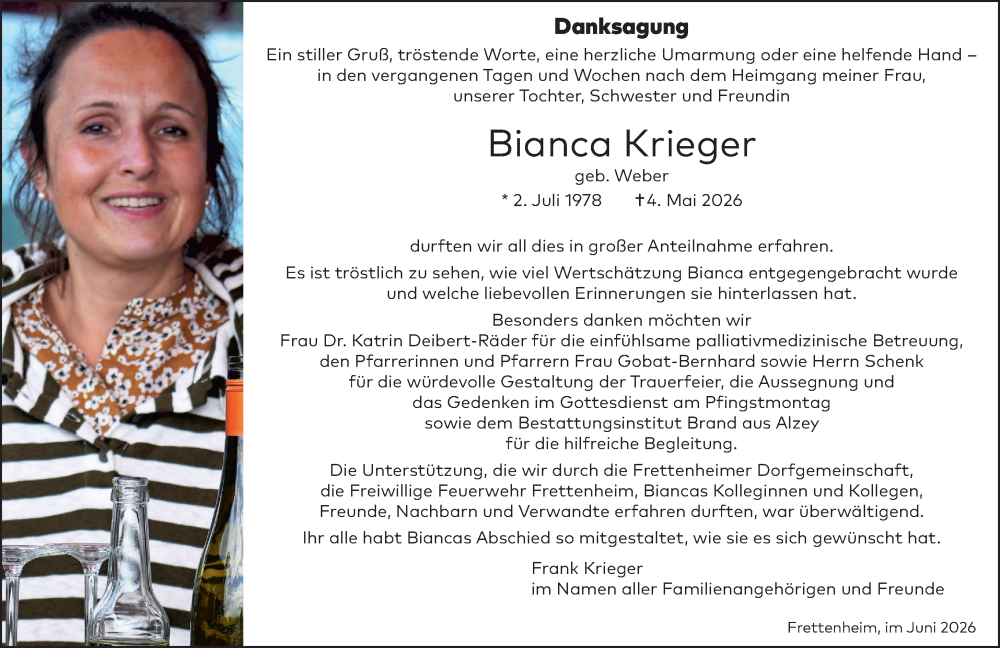  Traueranzeige für Bianca Krieger vom 27.06.2026 aus Allgemeine Zeitung Alzey