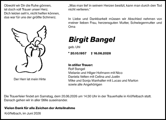 Traueranzeige von Birgit Bangel von Wetzlarer Neue Zeitung