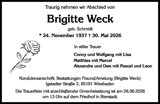 Traueranzeige von Brigitte Weck von Wiesbadener Kurier