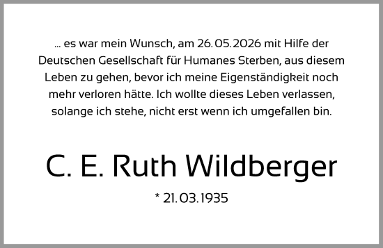 Traueranzeige von C. E. Ruth Wildberger von Darmstädter Echo