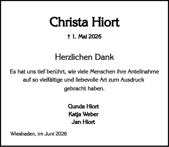 Traueranzeige von Christa Hiort von Wiesbadener Kurier
