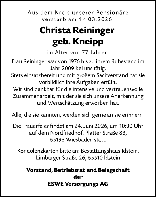 Traueranzeige von Christa Reininger von Wiesbadener Kurier