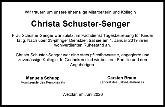Traueranzeige von Christa Schuster-Senger von Dill Block
