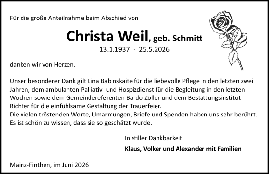 Traueranzeige von Christa Weil von Allgemeine Zeitung Mainz