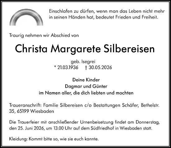 Traueranzeige von Christa Margarete Silbereisen von Wiesbadener Kurier