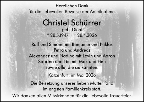 Traueranzeige von Christel Schürrer von Wetzlarer Neue Zeitung