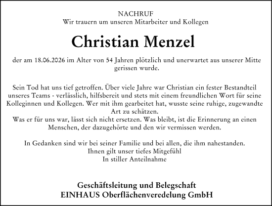 Traueranzeige von Christian Menzel von Binger-/Ingelheimer Wochenblatt