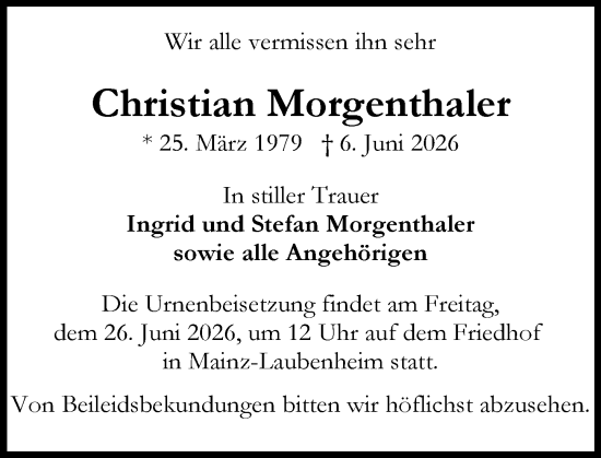 Traueranzeige von Christian Morgenthaler von Allgemeine Zeitung Mainz