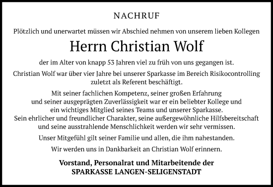 Traueranzeige von Christian Wolf von Darmstädter Echo