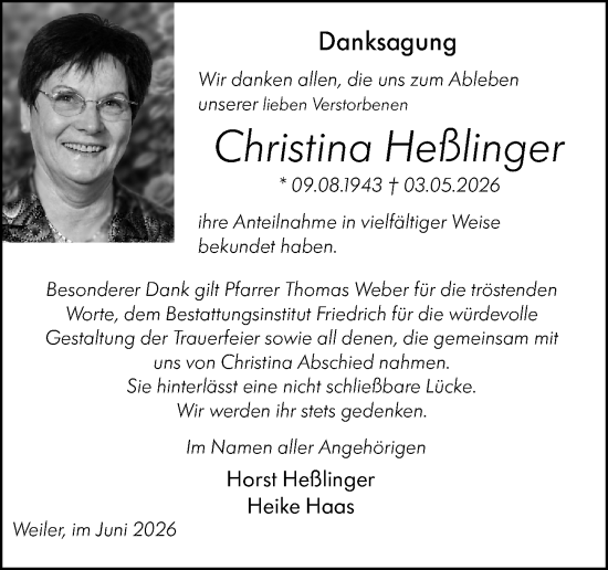 Traueranzeige von Christina Heßlinger von Binger-/Ingelheimer Wochenblatt
