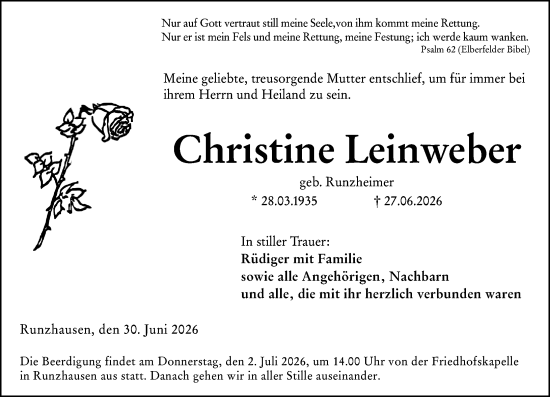 Traueranzeige von Christine Leinweber von Hinterländer Anzeiger