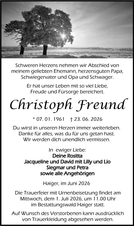 Traueranzeige von Christoph Freund von Dill Block