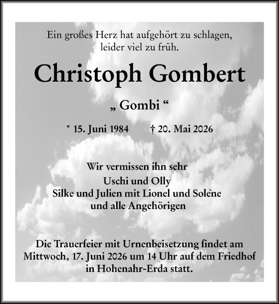 Traueranzeige von Christoph Gombert von Wetzlarer Neue Zeitung