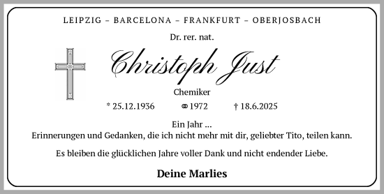 Traueranzeige von Christoph   Just von Wiesbadener Kurier