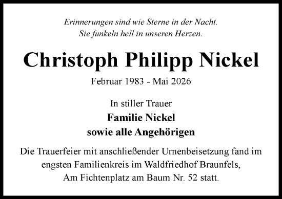 Traueranzeige von Christoph Philipp Nickel von Camberger Anzeiger