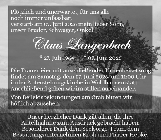 Traueranzeige von Claus Langenbach von Weilburger Tageblatt