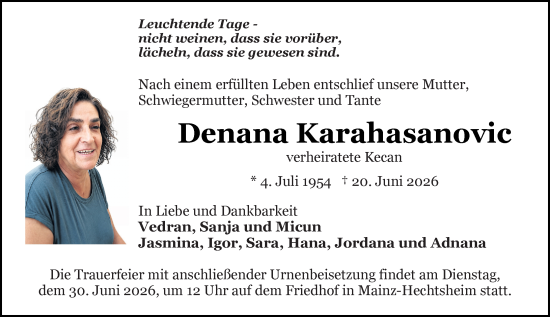 Traueranzeige von Denana Karahasanovic von Allgemeine Zeitung Mainz