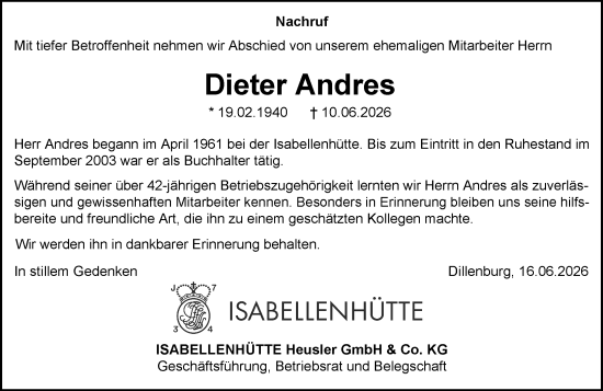 Traueranzeige von Dieter Andres von Dill Block