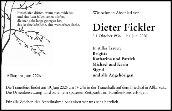 Traueranzeige von Dieter Fickler von Wetzlarer Neue Zeitung