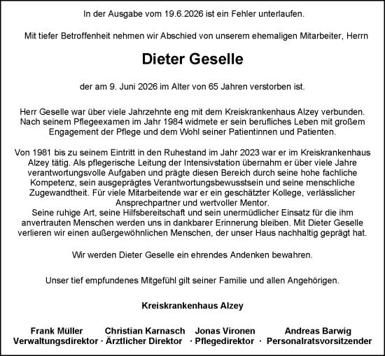 Traueranzeige von Dieter Geselle von Allgemeine Zeitung Alzey