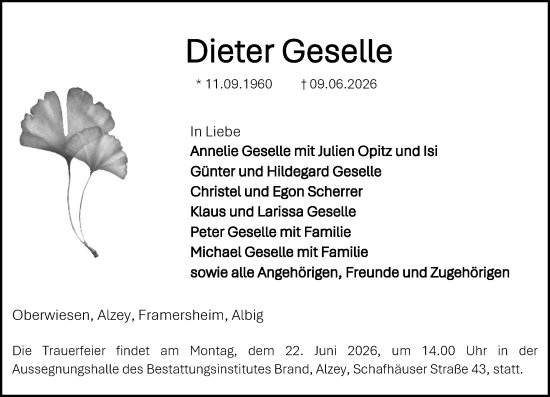 Traueranzeige von Dieter Geselle von Allgemeine Zeitung Alzey