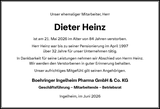 Traueranzeige von Dieter Heinz von Allgemeine Zeitung Rheinhessen-Nahe