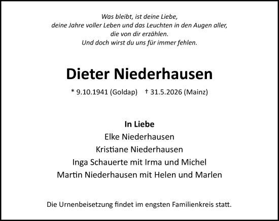 Traueranzeige von Dieter Niederhausen von Allgemeine Zeitung Mainz