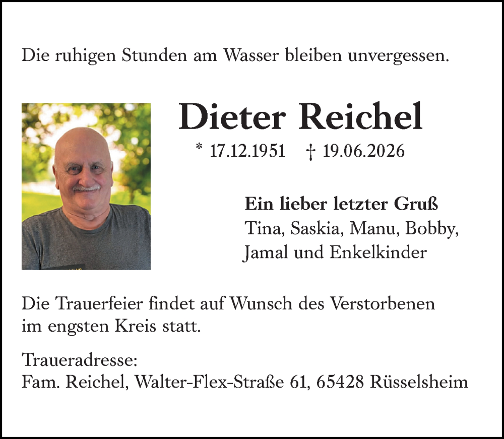  Traueranzeige für Dieter Reichel vom 27.06.2026 aus Rüsselsheimer Echo