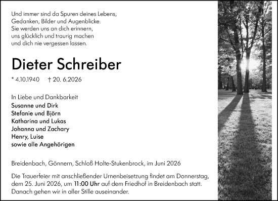 Traueranzeige von Dieter Schreiber von Hinterländer Anzeiger