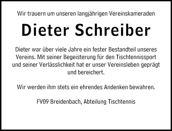 Traueranzeige von Dieter Schreiber von Hinterländer Anzeiger