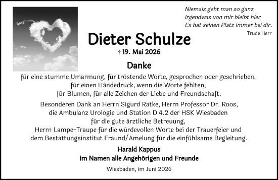 Traueranzeige von Dieter Schulze von Wiesbadener Kurier