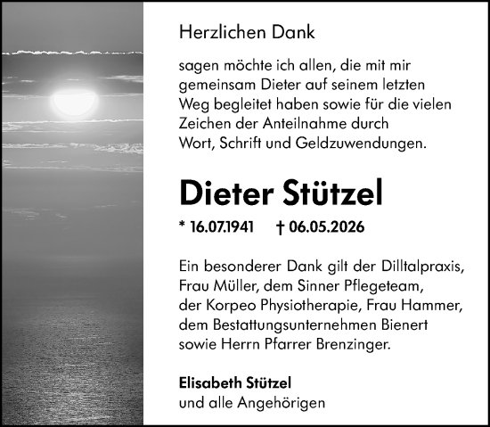 Traueranzeige von Dieter Stützel von Wetzlarer Neue Zeitung