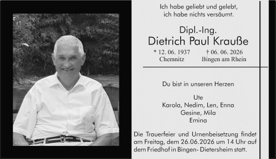 Traueranzeige von Dietrich Paul Krauße von Binger-/Ingelheimer Wochenblatt