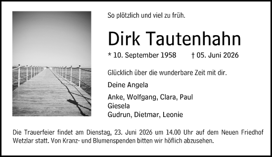 Traueranzeige von Dirk Tautenhahn von Wetzlarer Neue Zeitung