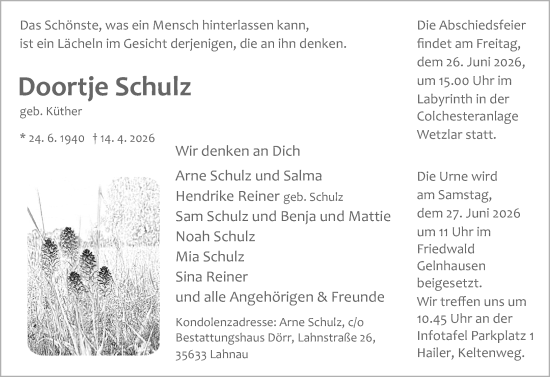 Traueranzeige von Doortje Schulz von Wetzlarer Neue Zeitung