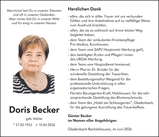 Traueranzeige von Doris Becker von Hinterländer Anzeiger
