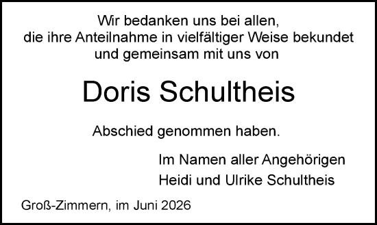 Traueranzeige von Doris Schultheis von Dieburger Anzeiger/Groß-Zimmerner Lokal-Anzeiger