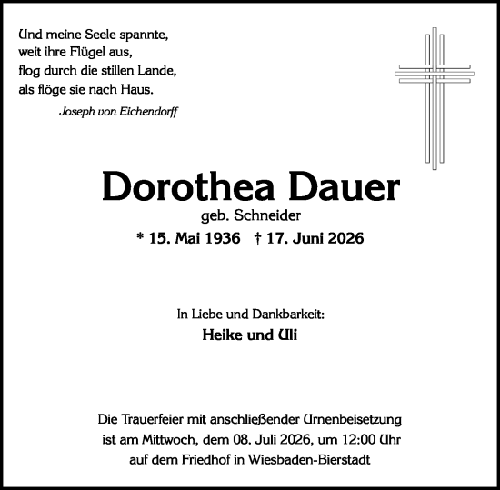 Traueranzeige von Dorothea Dauer von Wiesbadener Kurier
