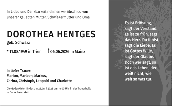 Traueranzeige von Dorothea Hentges von Allgemeine Zeitung Mainz